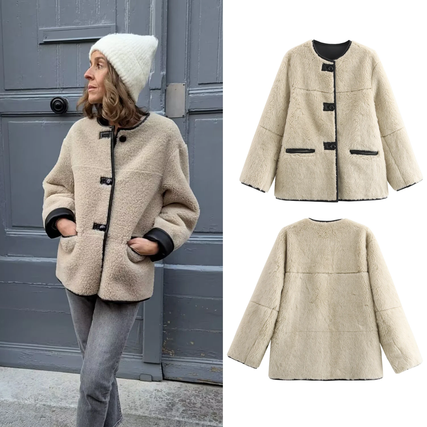 

Women Faux Wool Warm Loose Jacket Coat Female Retro O-Neck Single Breasted Double Pocket Casual Overcoat Winter Lady Chic Coats