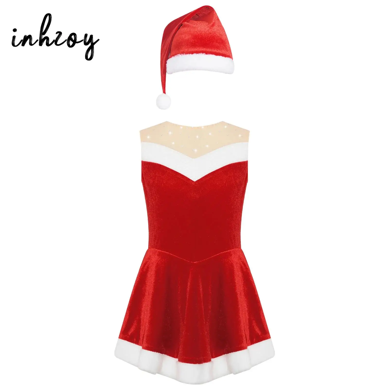 

Детский Рождественский костюм для косплея для девочек, танцевальный костюм для фигурок, катания на коньках, балетная пачка, трико и шляпа, Праздничный Рождественский наряд Санта-Клауса