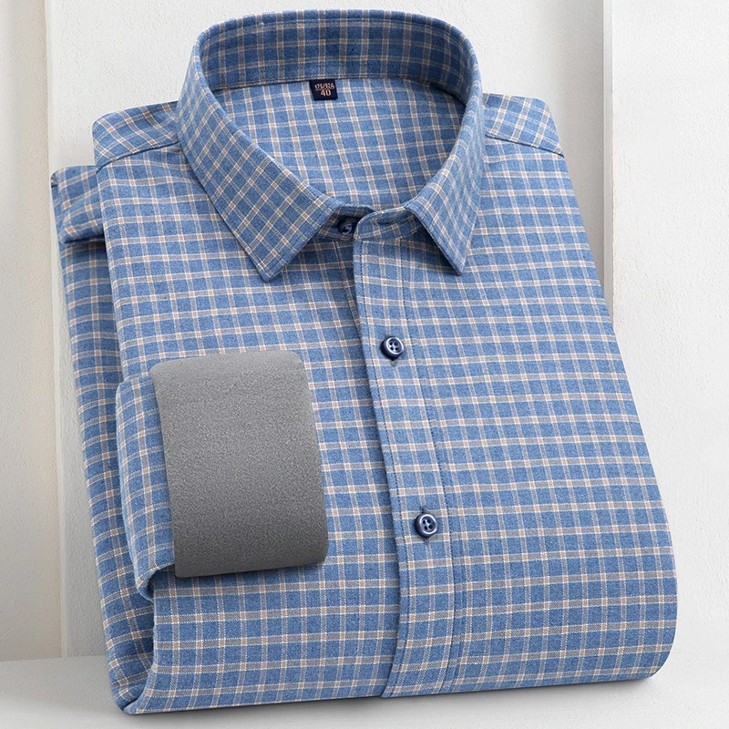 New in shirt 100%cotton brushed winter warm long sleeve shirts for men slim fit casual thicken plaid tops soft designer clothes
