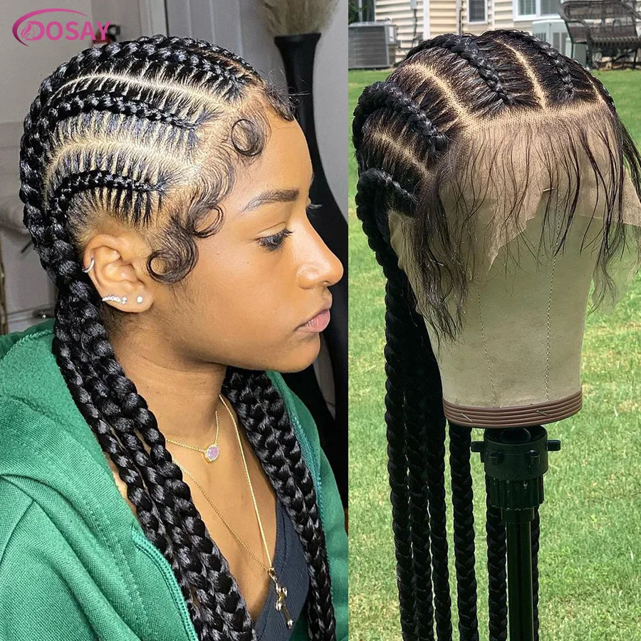 Perucas trançadas de cornrow curto, renda completa, sintética, sem nós, caixa, peruca com cabelo de bebê, trança jumbo, perucas de cabelo para mulheres africanas