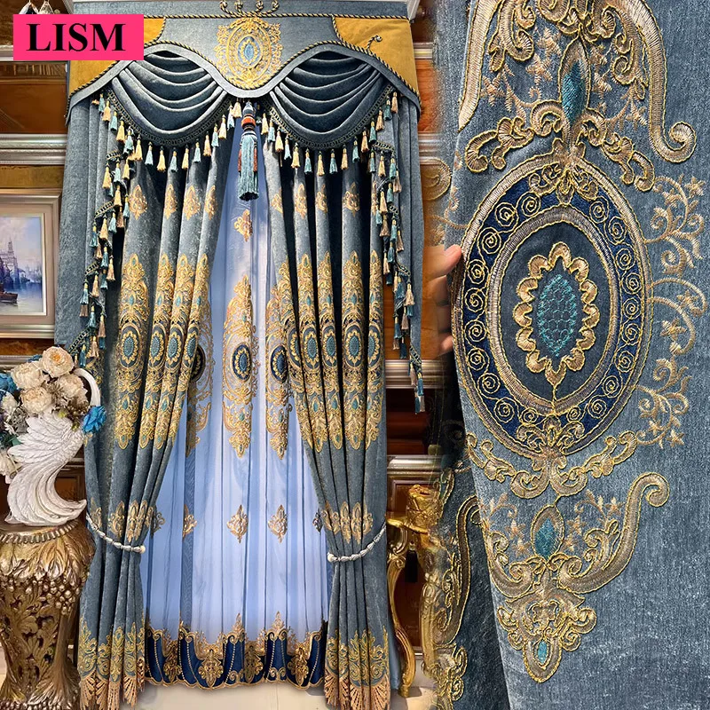 New European Style Embroidered High-end Chenille Living Room Blackout Curtains Bedroom Luxury Elegant Blue Tulle Custom Valance