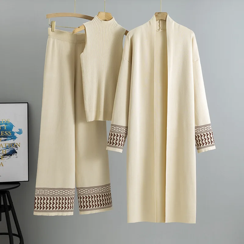 

Autumn Winter New Women Three-piece Suits High End Long Knitted Cardigan Sleeveless Sweater Vest Knit Wide Leg Pants 3PCS Sets