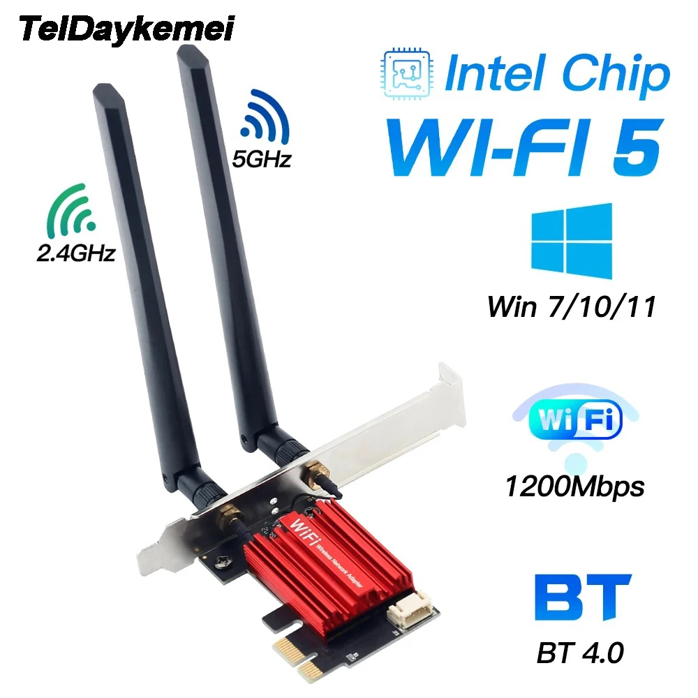 

WiFi 5 PCI-E Wireless Adapter AC1200 Network Card Dual Band 2.4G/5GHz 802.11AC For Bluetooth 4.0 Desktop Windows 7/8/10/11