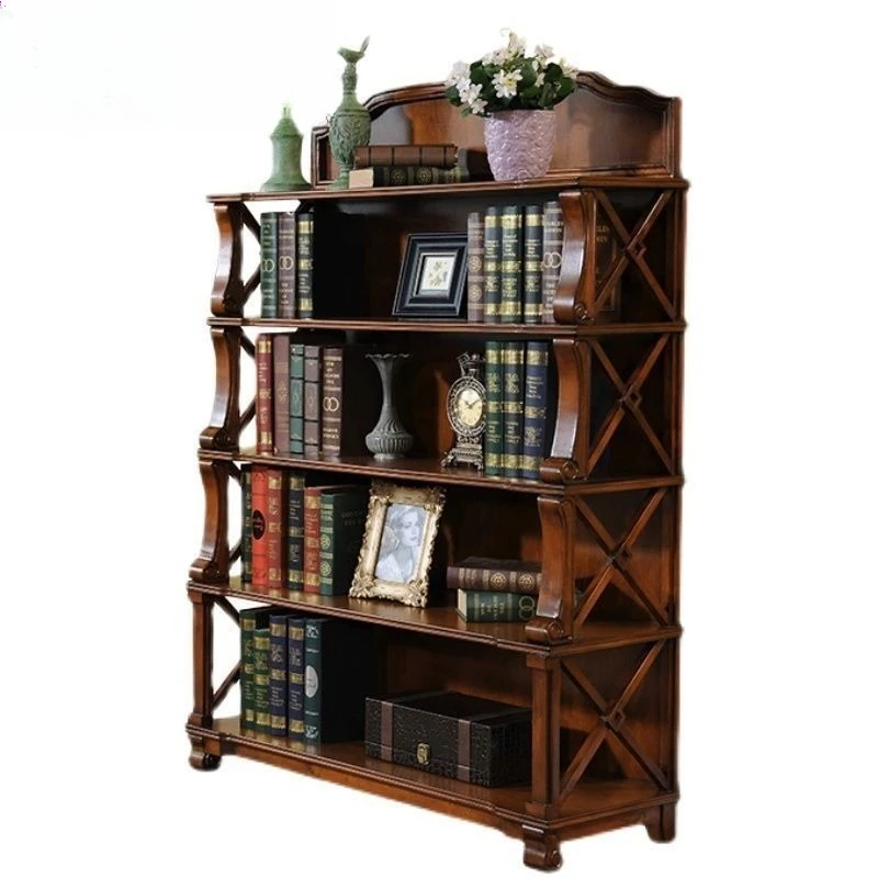 American all-solid wood bookshelf, multi-layer floor-to-ceiling European shelf, old carving