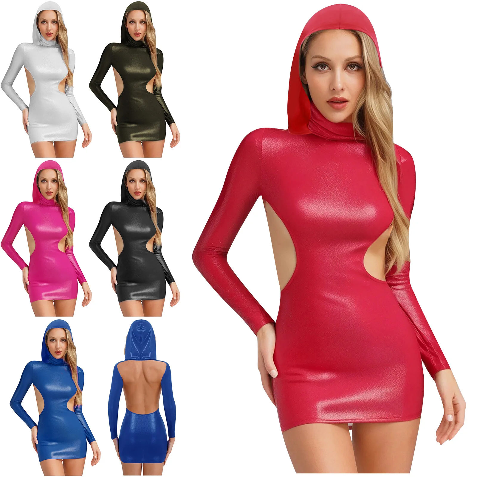 Sexy moda feminina brilhante bodycon vestido com capuz mangas compridas aberto para trás mini vestido apertado vestido curto bar festa clube wear