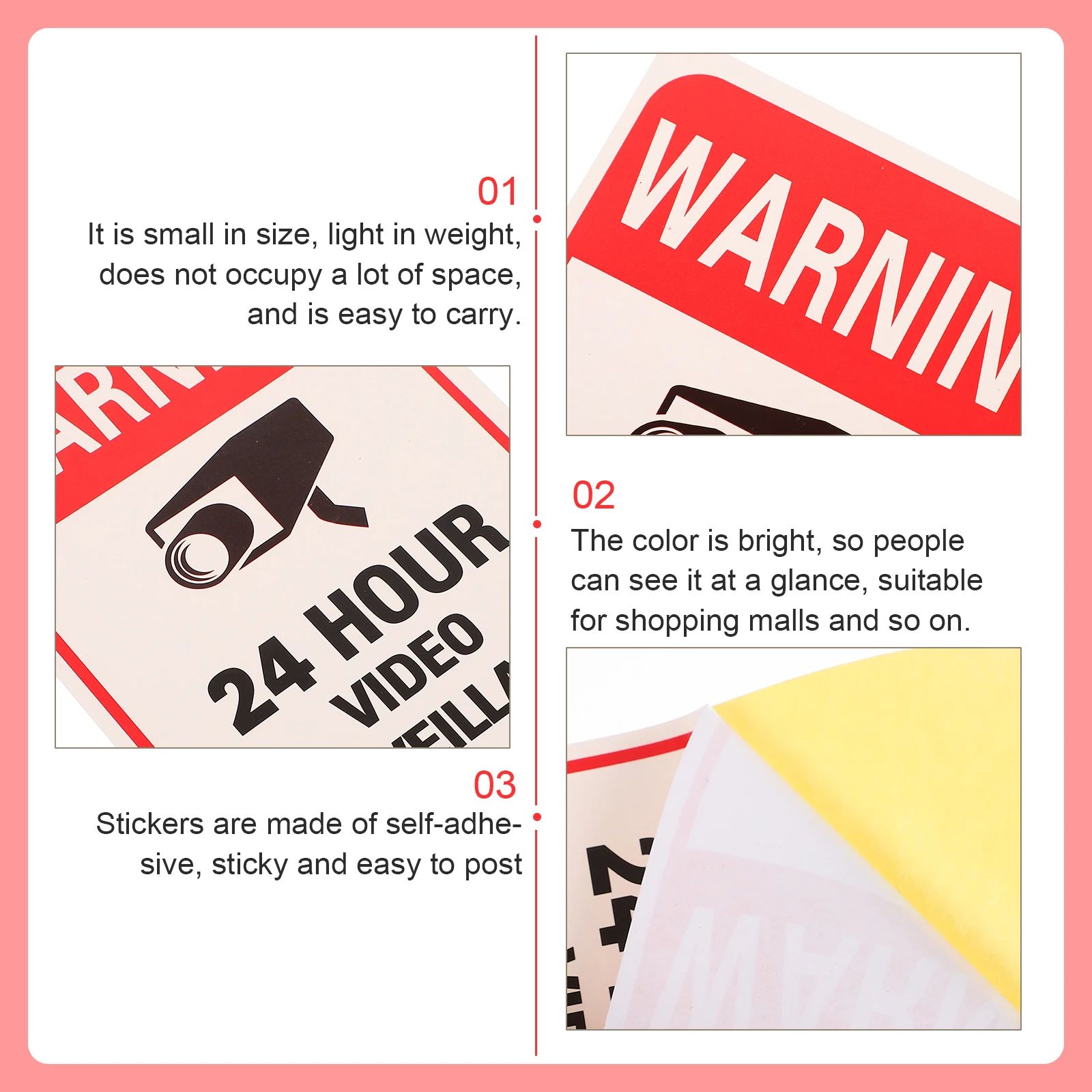 50 Sheets Bright Red Self Adhesive Surveillance Warning Signs Video Monitoring Stickers School Office Traffic Safety Security