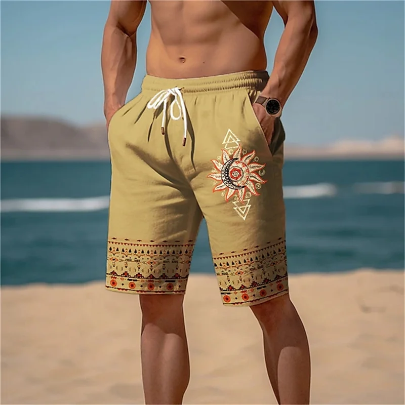 New Men\'s Athletic Shorts Beach Shorts Drawstring Elastic Waist 3D Ethnic Printed Pattern Geometric Totem Breathable Soft Shorts