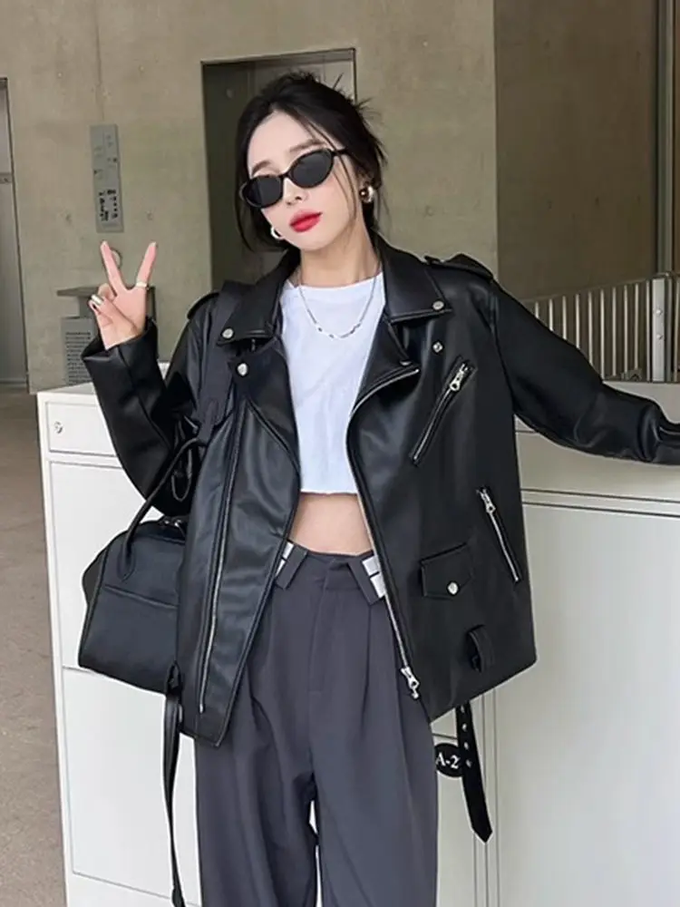 

Large Size Men's Biker Jaet PU Leather Loose Fit Autumn Winter Street Sle Design Casual Long Sve Zipper Closure Coat