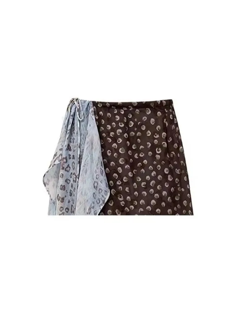 Irregular Printed Skirts Women One Piece Bandage Waist Overlap A-line Skirt Vintage Y2k Aesthetic Contrast Color Faldas