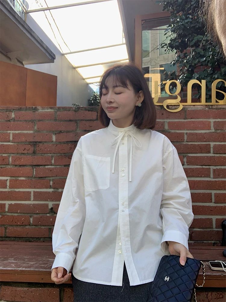 

White Bow Tie Stand Collar irt Inner Wear Very Attractive Korean Sle Cotton Long Sve Women's Busin Casual irt