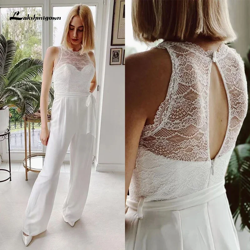 

Simple Boho O-Neck Lace Sashes Bow Jumpsuit Wedding Dress 2025 Satin Bridal Gown Off the Shoulder Zipper Ankle-Length robes