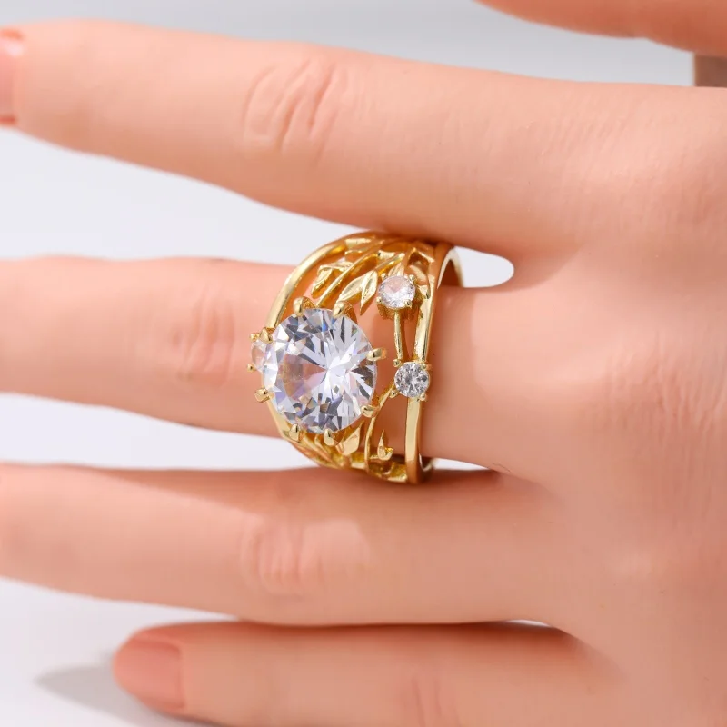 Elegant Luxury Synthetic Zirconia Handmade Plant Promise Ring Women's Vintage Chic Design Wedding Engagement Jewelry Accessories