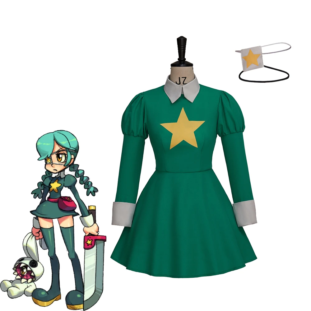 Game Skullgirls Annie Cosplay Costume Green Dress for Women Halloween Carnival Party Fighting Outfits with Blindfold Eye Mask