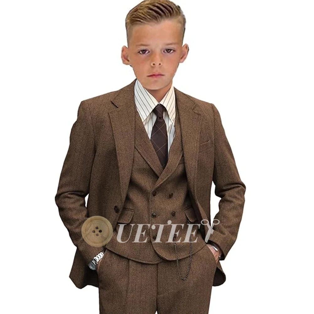 UETEEY Boy's Suit 3 Pieces for Wedding Party Herringbone Tweed Single Chest Suits Jacket Vest Pants Elegant