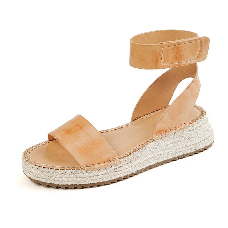 Gladiator Shoes Wedge Sandals Buckle Shoes Woman One Strap Sandals Cowhide Summer Lady Hemp Espadrilles Women’s Platform Sandal