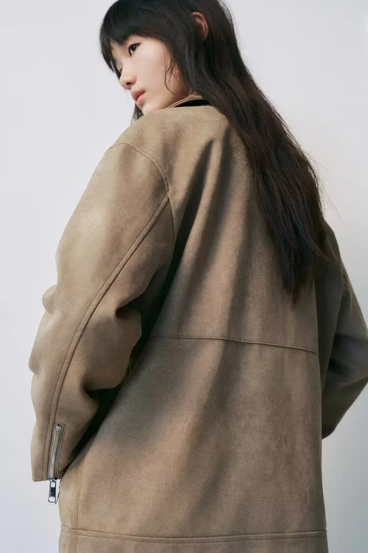 BB6847 2025 Autumn New Women's Fashion European and American Style Loose Edition Suede Effect Collar Motorcycle Coat 3046284