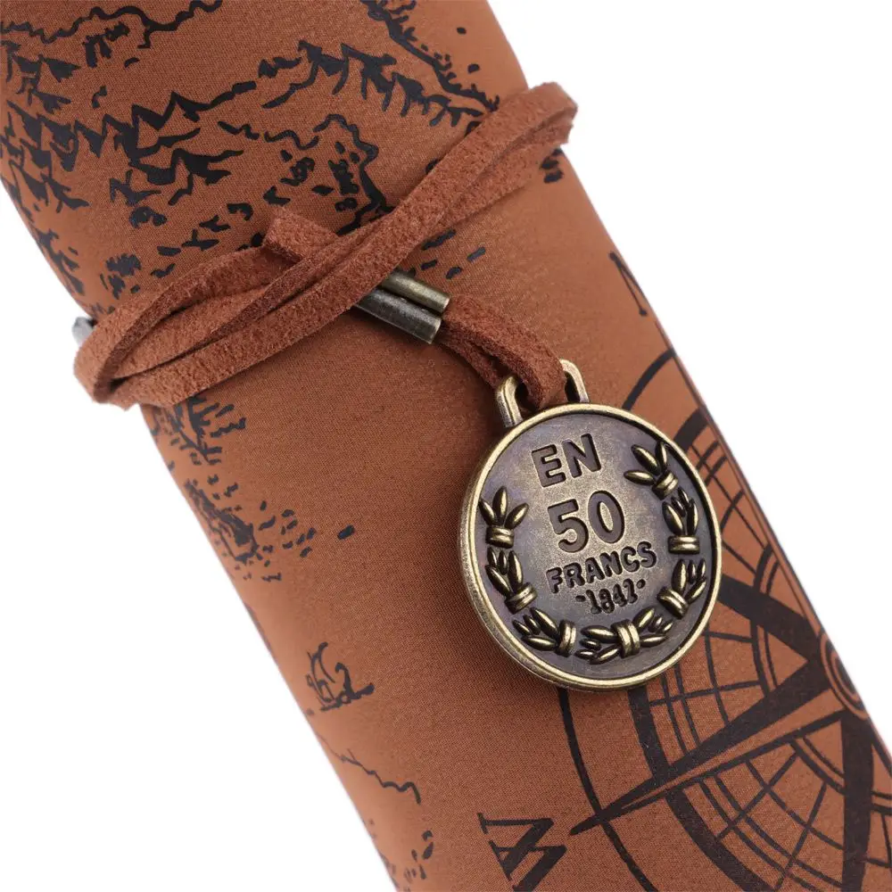 

PU Leather School Office Pencil Storage Makeup Brush Pouch Pencilcase Retro Pen Bag Treasure Map Pattern