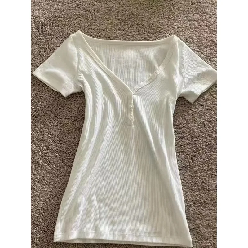 

Y2K Harajuku T-shirts Retro Aesthetic Women's Short Sleeve Tees Casual Slim Chic Button-Down Tops Street Punk Hottie Streetwear