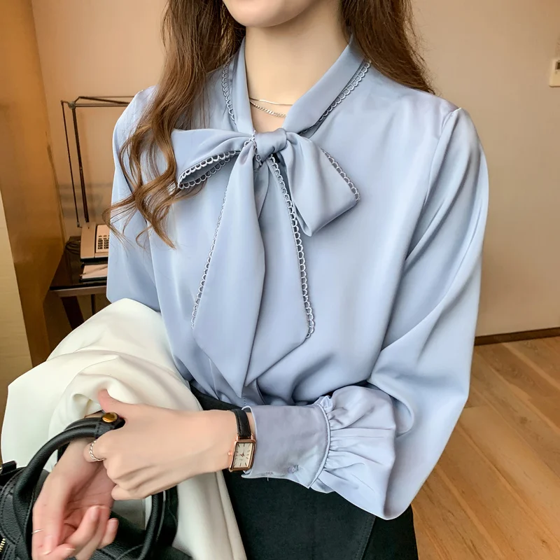 2024 Spring Loose Korean Tops Fashion Autumn Chiffon Blouse Bow Blue Long Sleeve Shirt White Office Lady Clothes Blusas 10691