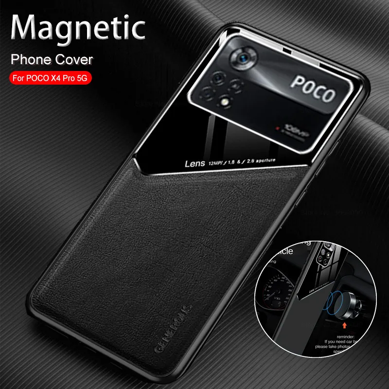 PocoX4Pro car magnetic holder plexiglass leather texture case cover For Poco X4 Pro 5G nfc poko x 4pro shockproof bumper fundas