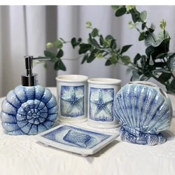 Blue conch ceramic bathroom 5-piece set Hand sanitizer bottle cup toothbrush holder Soap dish toiletry