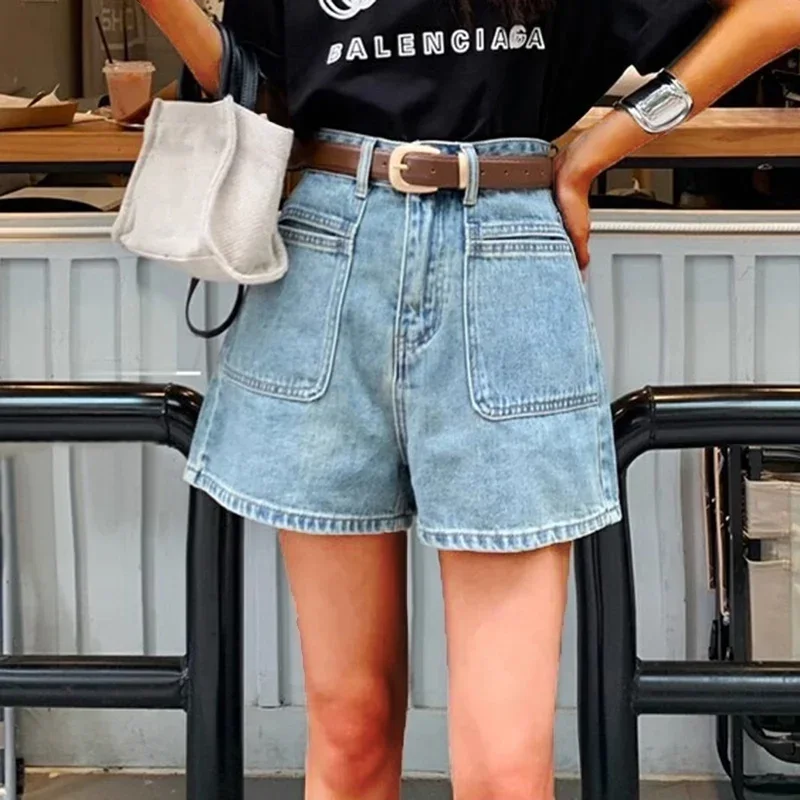 Woman High Waist Vintage Wide Leg Jeans Female Y2k 2000s Streetwear Pants Girls Fashion Retro Blue Light Blue Baggy Denim Shorts