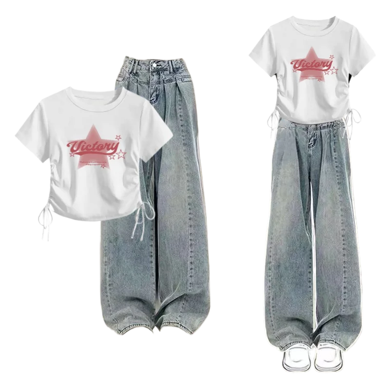 Summer Sweet Cool Set Korean Drawstring Short Sleeved T-shirt+High Waist American Vintage Jeans Two Piece Set Fashion