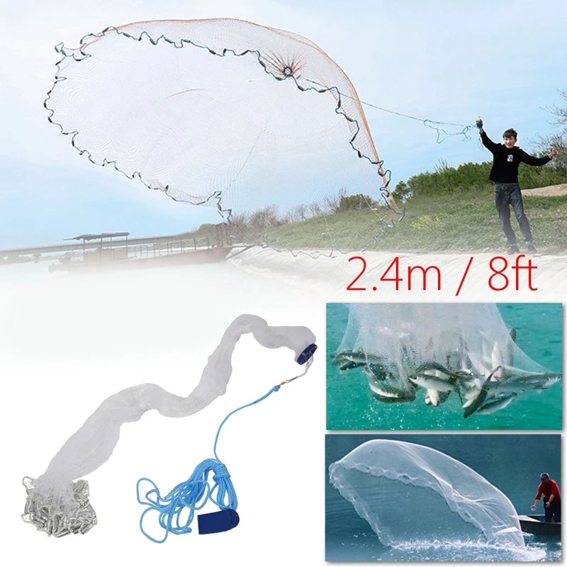 8Ft 2.4M Fishing Net Bait Easy Throw Hand Cast 3/4 inch Strong Nylon Mesh+ Sinker Fish Trap Cast Net Cast Folding Fishes Network