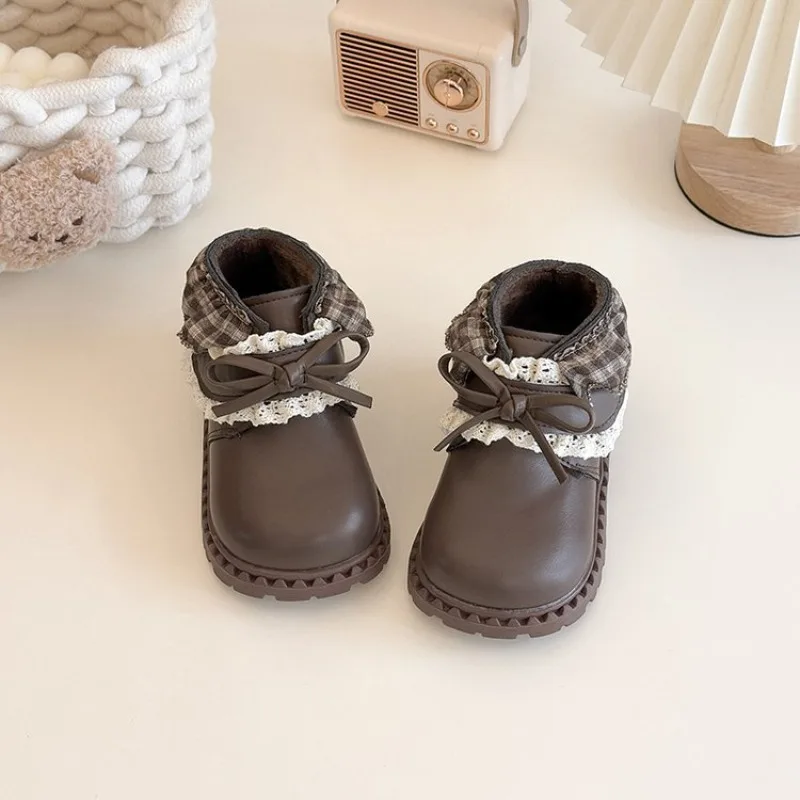 Children's Lace Bordered Bow PU Leather Boots 2026 British Style Autumn Girls Ankle Boots Trend Princess Platform Shoes