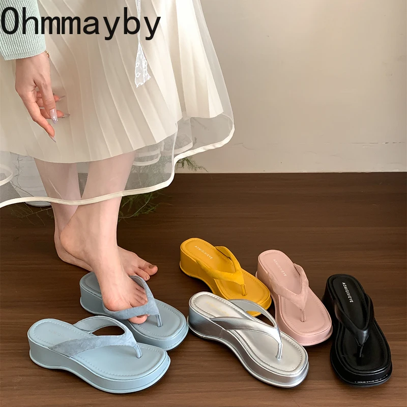 

2025 Summer Women Platform Clip Toe Slippers Fashion Wedges Heel Dress Shoes Ladies Outdoor Dancing Party Prom Shoes