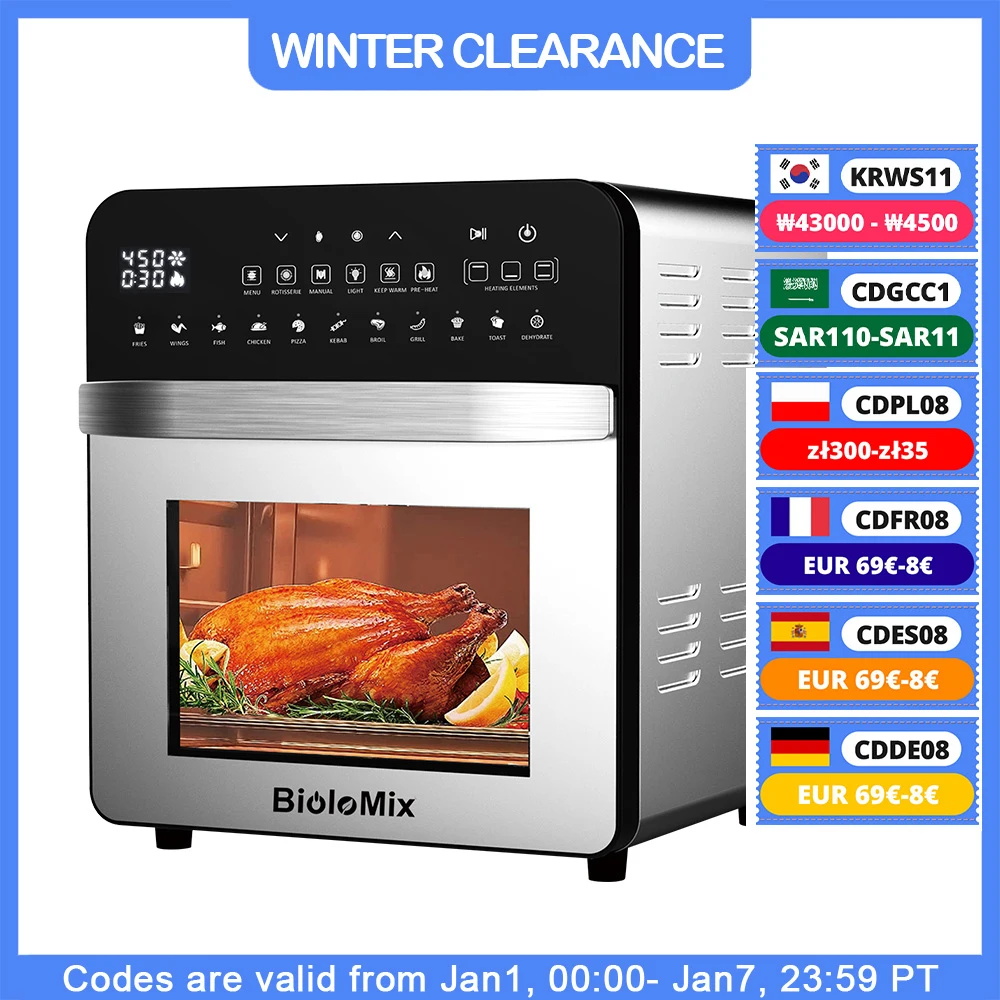 BioloMix Stainless Steel Dual Heating Air Fryer Oven Oil Free, Toaster Rotisserie and Dehydrator, 11 in 1, 15 L, 1700 W