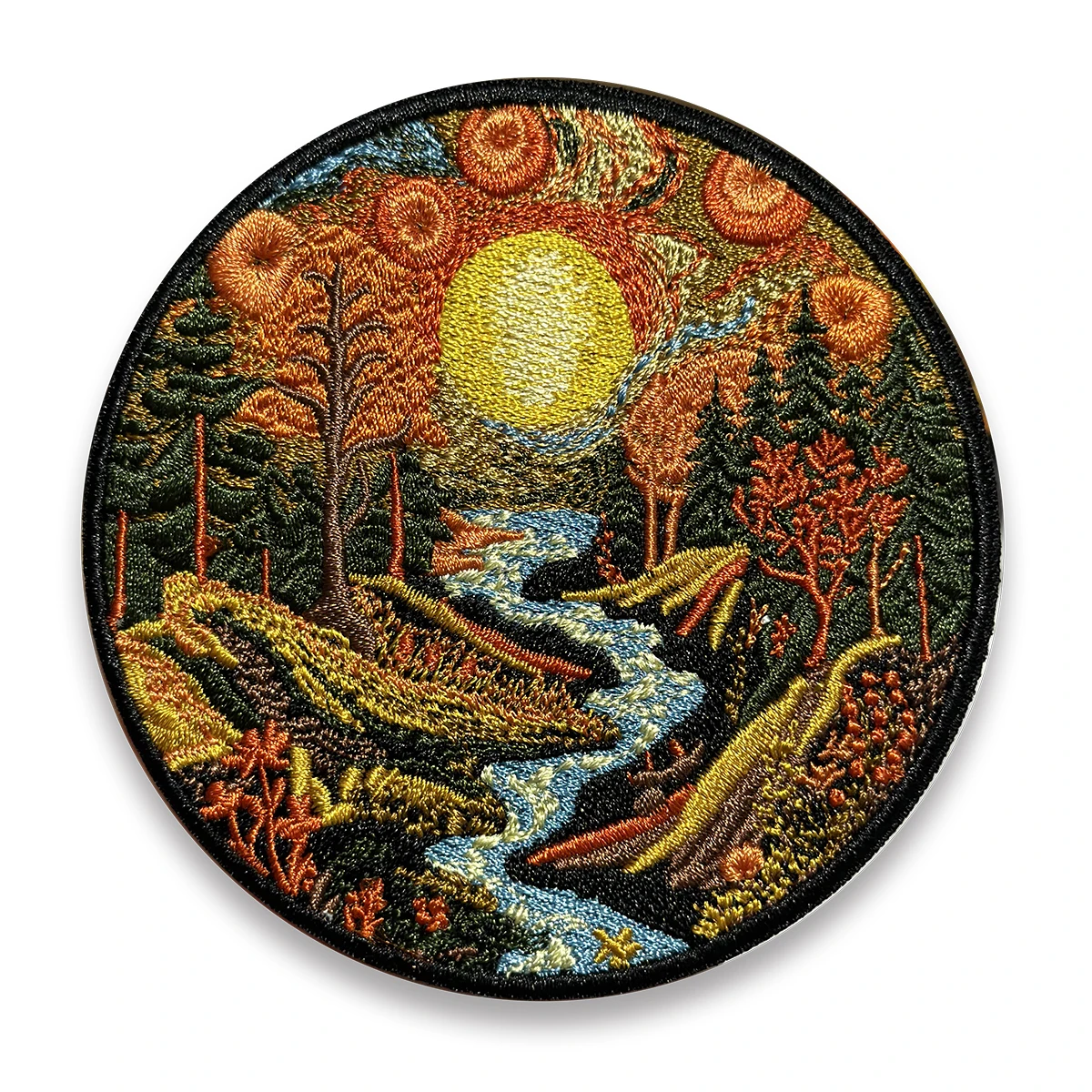 Orange Sunset Landscape Embroidery Patches for Clothing Aesthetic Nature Scenery Creek Maple Leaf Garment Sewing Full Embroidery