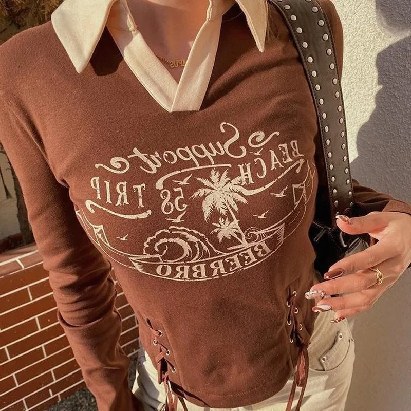 

Y2K Vintage Brown Crop Tshirt Women 90s Aesthetic Street Style Patchwrok Drawstring Graphic Sweatshirt Long Sleeve Top