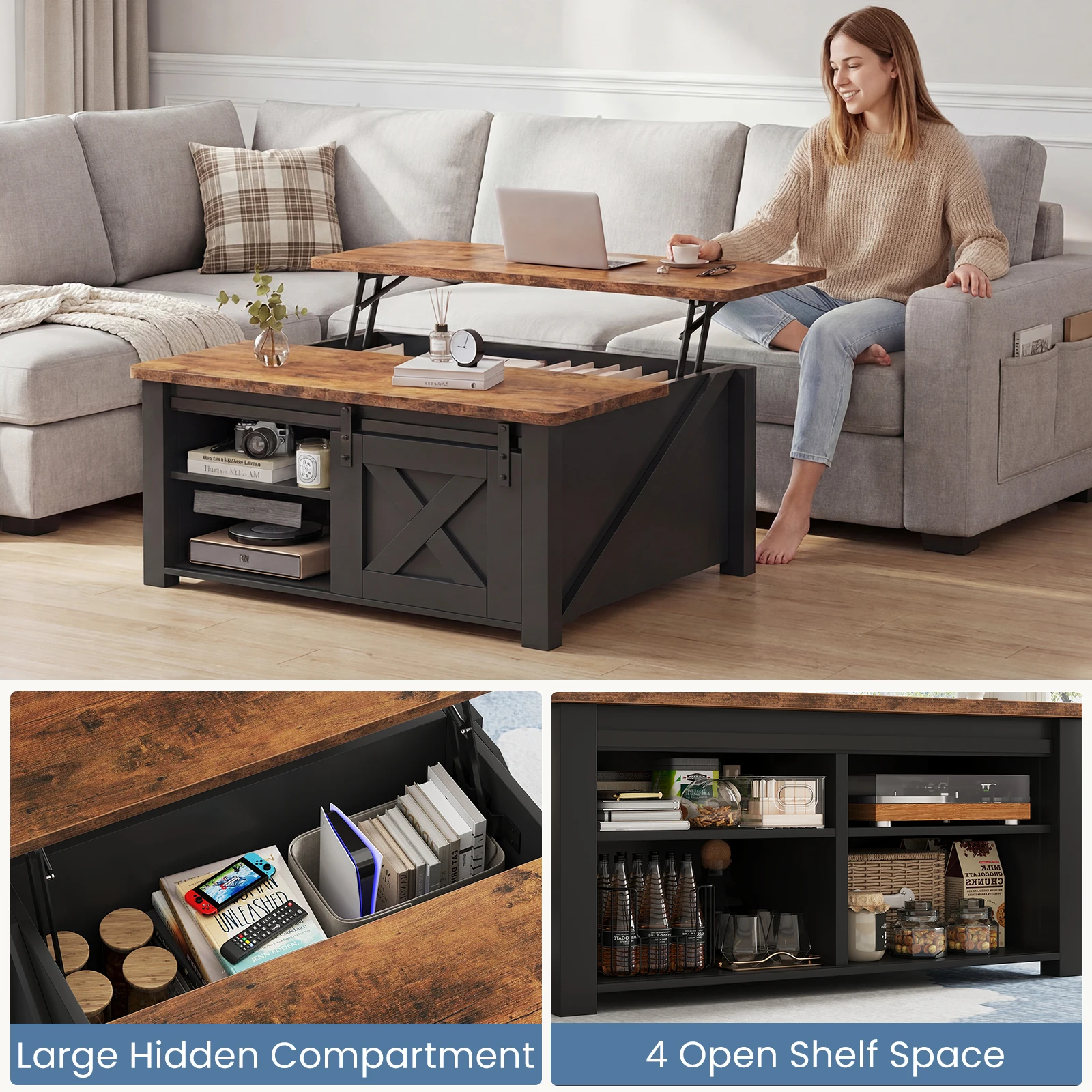 MCQ 31.5IN Wood Lift Top Coffee Tables Square Living Room Adjustable Storage Shelf Easy Lift Or Lower For Tea Dining Tables image 4