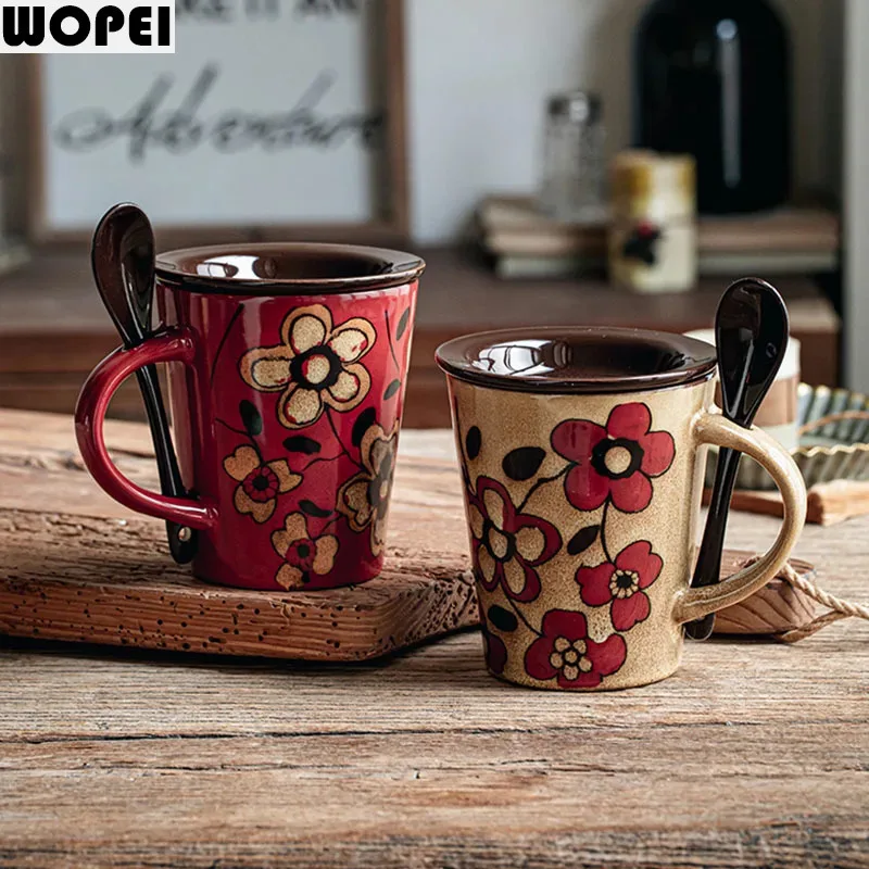 Hand Drawn Floral Pattern Ceramic Mug with Lid Spoon Creative Coffee Cup Milk Cup Beverage Cup Breakfast Cups Home Water Cups