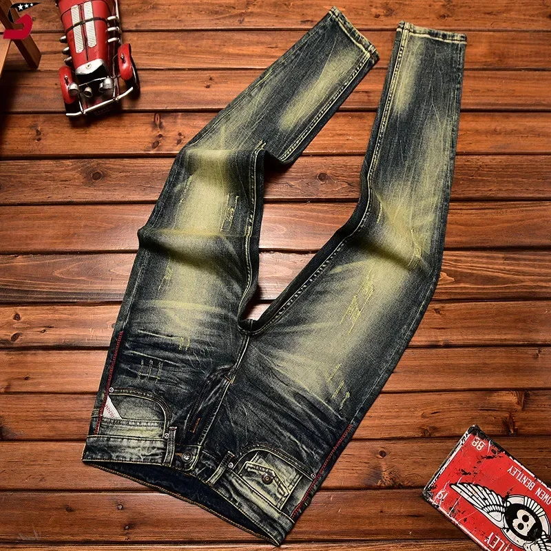 High-End กางเกงยีนส์รถจักรยานยนต์ผู้ชายฤดูใบไม้ร่วง Washed-OUT VINTAGE Nostalgic ฤดูใบไม้ร่วง SLIM FIT ตรงยืดกางเกงยีนส์ยาวกางเกง