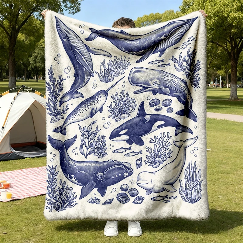 90s Whales Flannel Blanket - Men & Women's Unisex Graphic Flannel Blanket - Vintage Tattoo Style Ocean Flannel Blanket