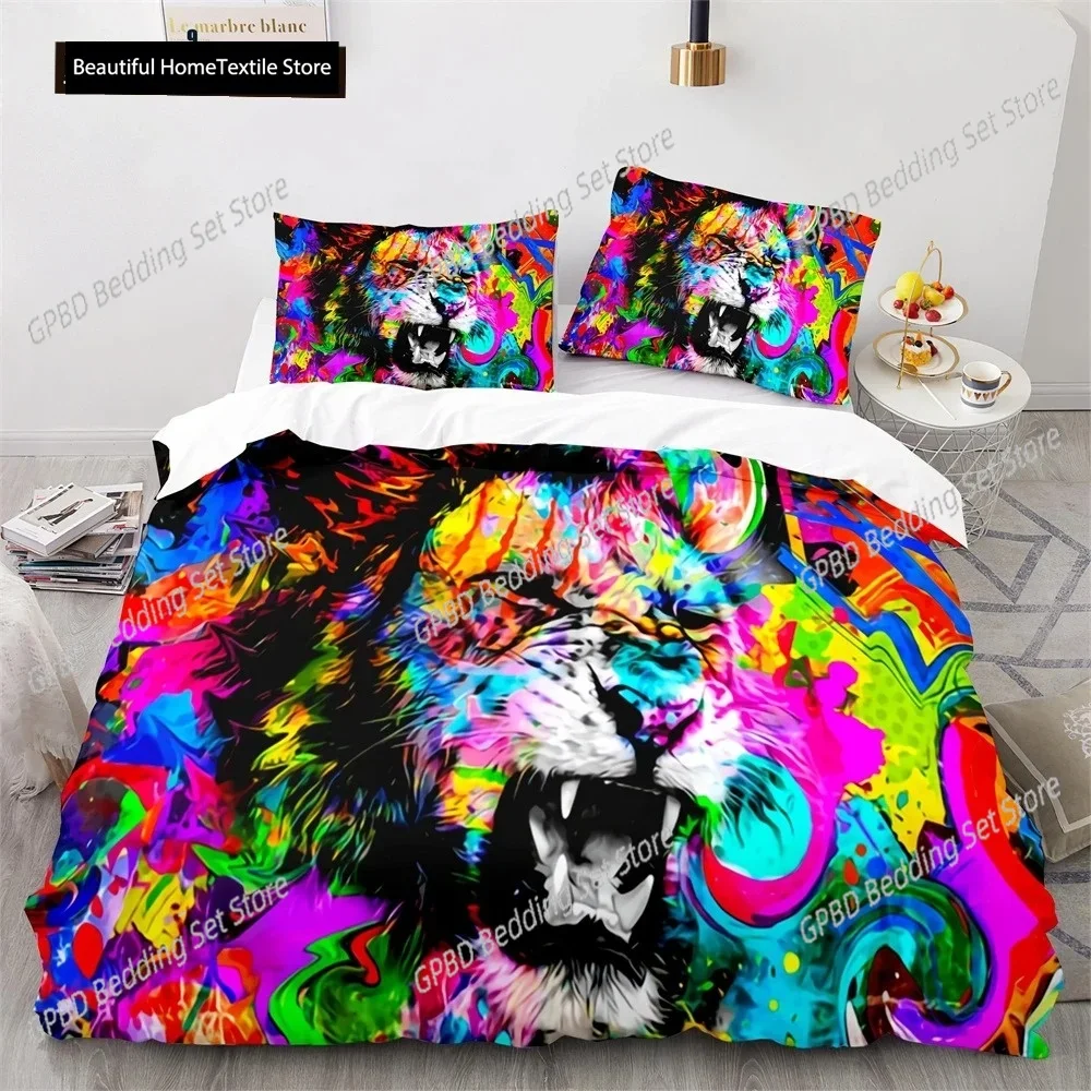 Lion Duvet Cover Set 3D Print Wild Animals Colourful King Queen Size For Kids Teens Adults Bedding Set Polyester Comforter Cover