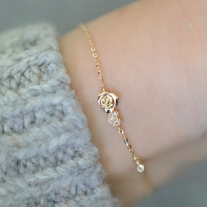 Luxury Cubic Zirconia Heart Rose Flower Charm Bracelets for Women Cute Plant Fine Jewelry Accessories Romantic Love Flash Gifts