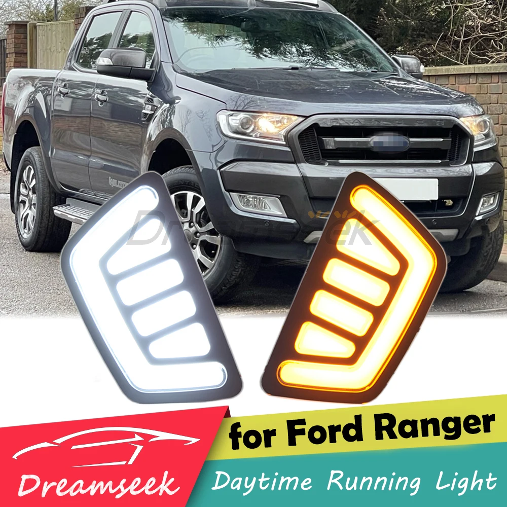 LED DRL Daytime Running Light Fog Lamp Cover For Ford Ranger 2015 2016 2017 2018 Driving Daylight With Yellow Turn Signal Clear