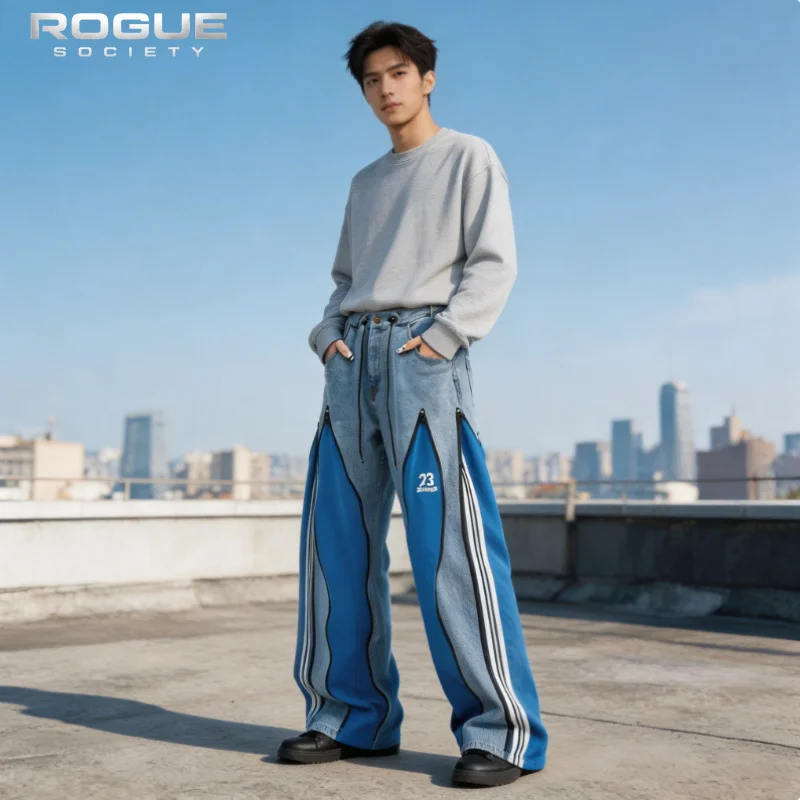 Calças Jeans Colorblock Streetwear para Homens e Mulheres, Retro, com Zíper, Perna Larga, Estilo Casual Y2K, Jeans Soltos, Moda Grunge Harajuku