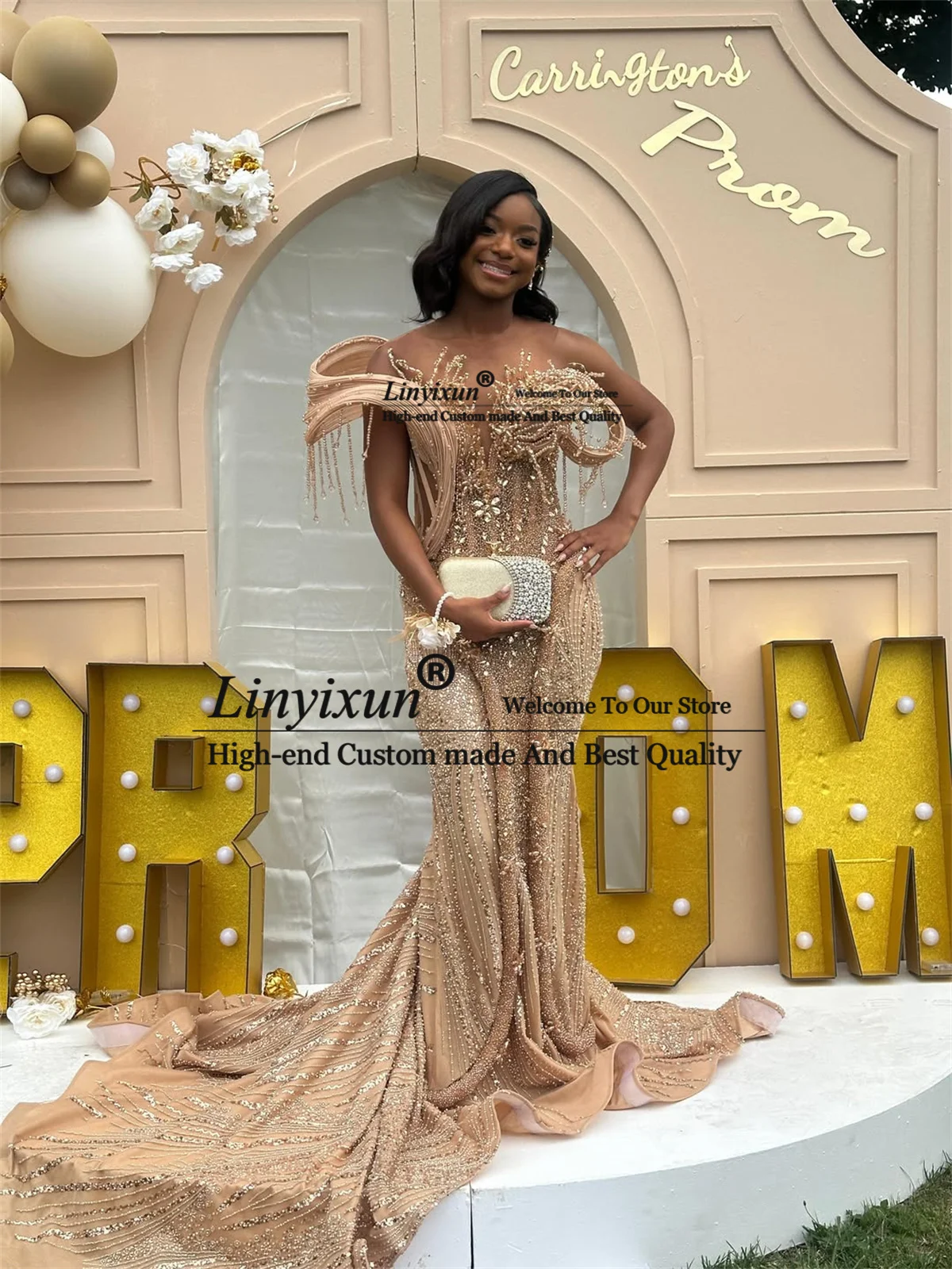 Aso Ebi Mermaid Prom Dress With Sequins Stone Evening Party Gowns Customized Engagement Gowns Off Shoulder Long robes de soirée