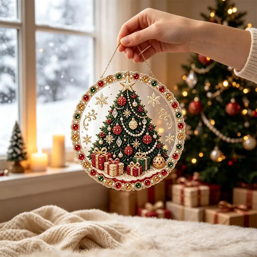 DIY Pearl Suncatcher Craft Kit Round Acrylic Christmas Series Pendant Pearl Beads Craft Kit Home Decoration