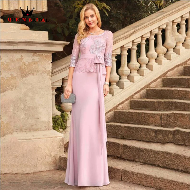 

Pink Mother of the Bride Dresses 2023 Lace Scoop Neck Party Gowns Three Quarter Bow Belt Floor Length robe de soirée SN09M