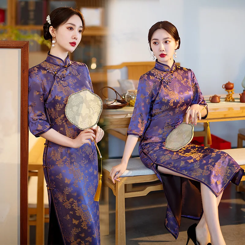 High Quality High-End Real Silk Full Cardigan Cheongsam Qipao inside and outside Modified 2024 New Middle-Aged Mom Dress