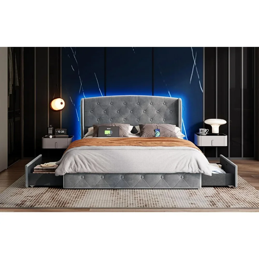 Queen Bed Frame,with Headboard & 4 Drawers,with RGB Lights & USB-C Charger, With Storage, Platform Bed Frame Queen Size