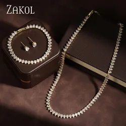 ZAKOL Minimalist Cubic Zirconia Water Drop Necklace Earrings Bracelet Set For Women Luxury Stylish Bridal Wedding Party Jewelry