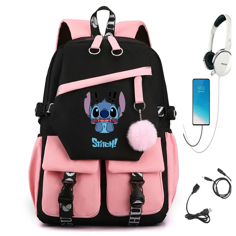 남녀공용 Lilo And Stitch USB 충전 배낭 모칠라 학교 가방, 남녀공용 배낭, 십대 데일리 배낭