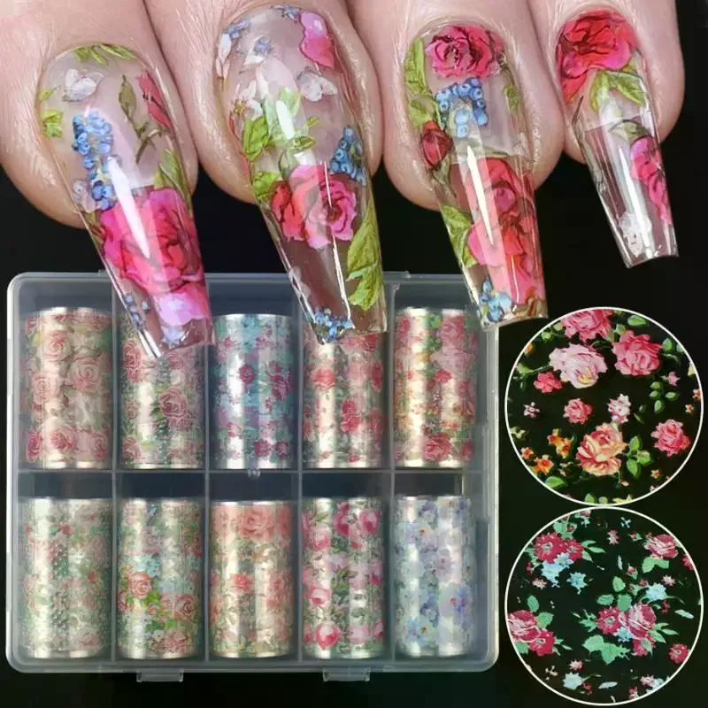 10 Rolls Flower Rose Nail Foils For Transfer Paper Floral Sliders Butterfly Nail Art Stickers Decal Nail Art Decorations