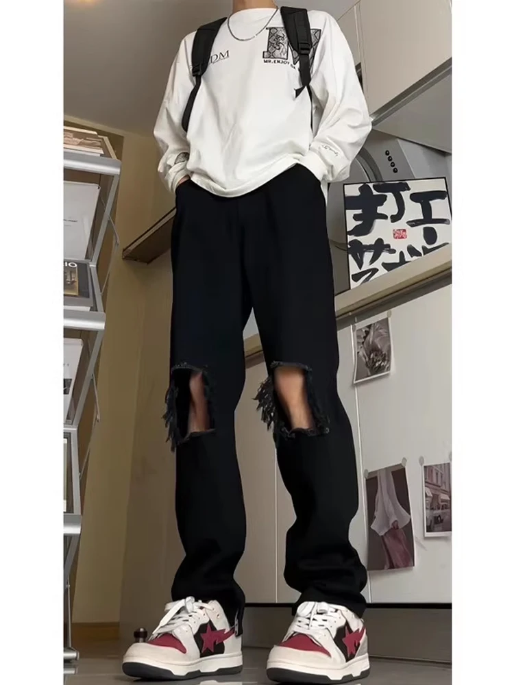 

American Sle Men's Straight Leg Jeans Hip Hop Trendy Hole Design High Street Vibe Spring Faion Cotton Polyester Blend
